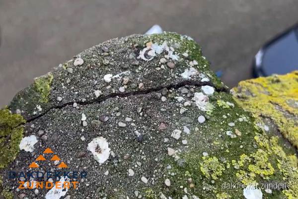 Beschadigde en verweerde nokvorst met scheuren en mos in Zundert Beschadigde en verweerde nokvorst met scheuren en mos in Zundert