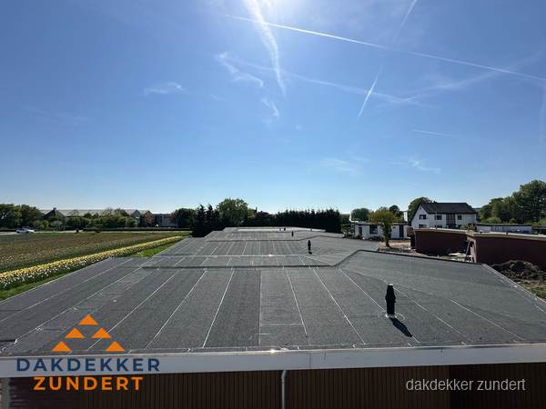 Groot plat dak met bitumen dakbedekking op bedrijfspand in Zundert Groot plat dak met bitumen dakbedekking op bedrijfspand in Zundert